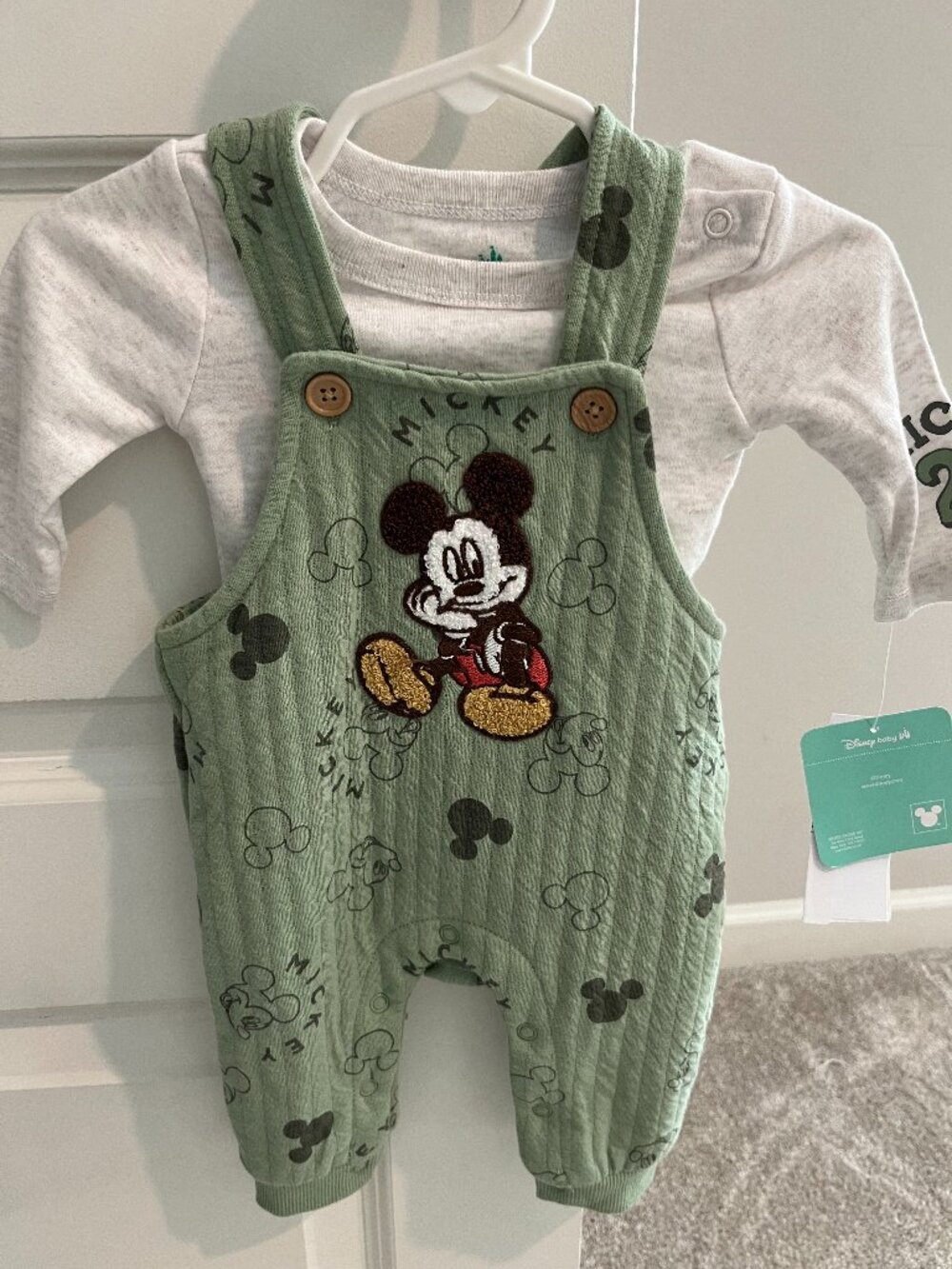Disney Baby Mickey Mouse Newborn Outfit Set 2-Piece Green Overalls & Long Sleeve